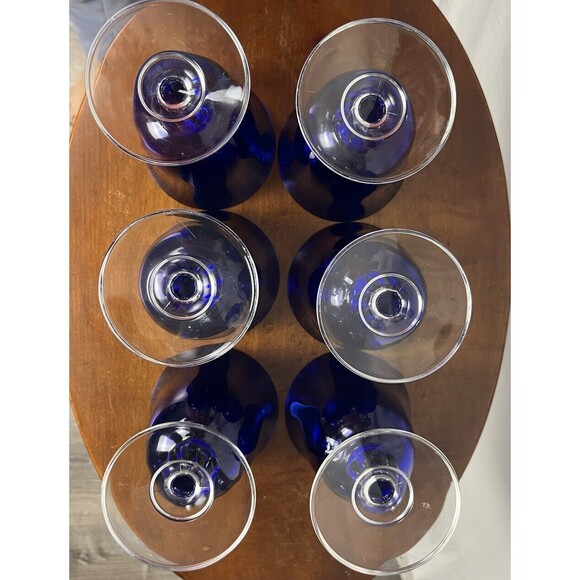 Cobalt Blue Glasses Set 6 Wine Water Goblets Flared Clear Stem Heavy Regency 6x4 - Picture 4 of 5